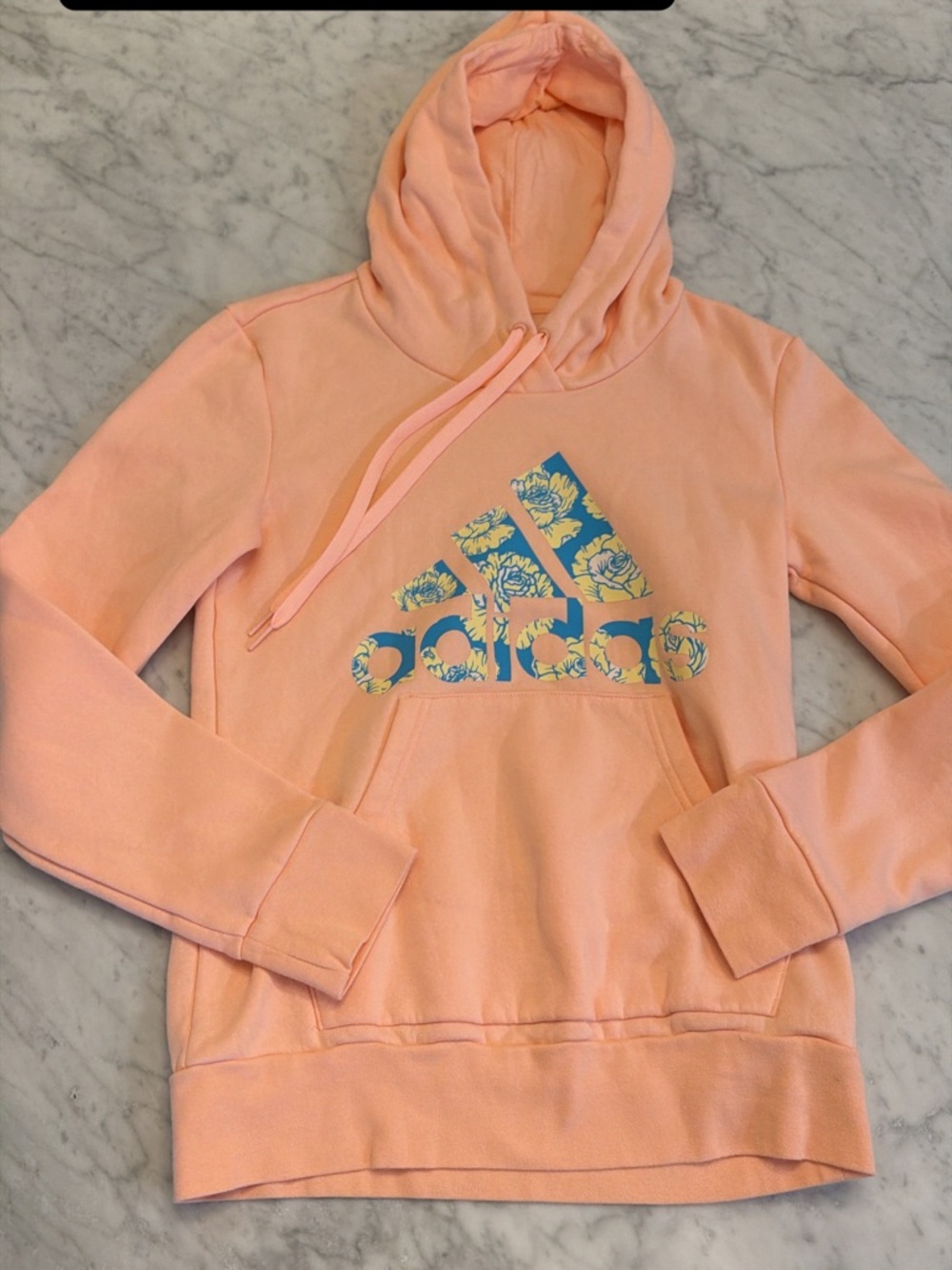 adidas Peach Hoodie with Blue Floral Logo